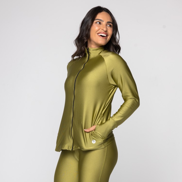 Casaco Feminino Metalizado Punho Dedinho com Gola Alta Agnes