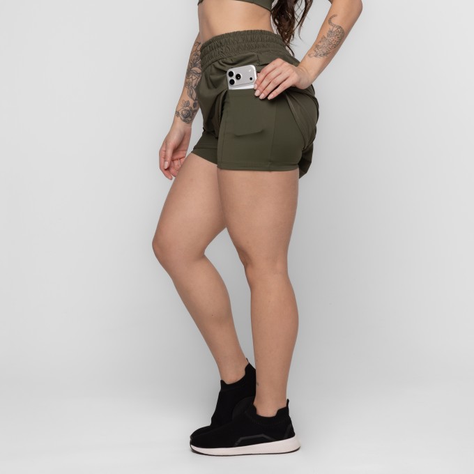 Short Fitness Samanta Sobreposição e Bolsos de Corrida Keep Move