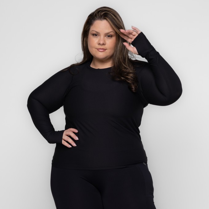 Blusa Fitness Plus Size Samanta Manga Longa com Dedinho