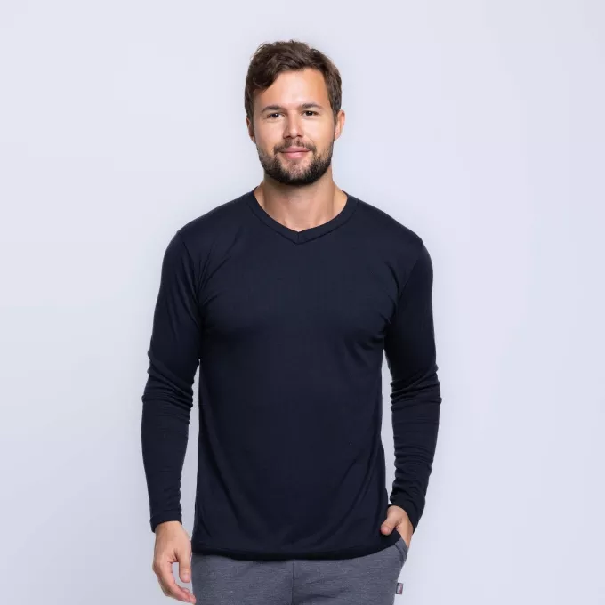 Camisa Manga Longa Gola V Ribana Canelada Masculina
