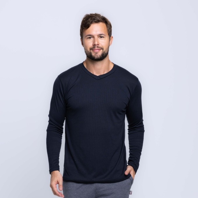 Camisa Manga Longa Gola V Ribana Canelada Masculina