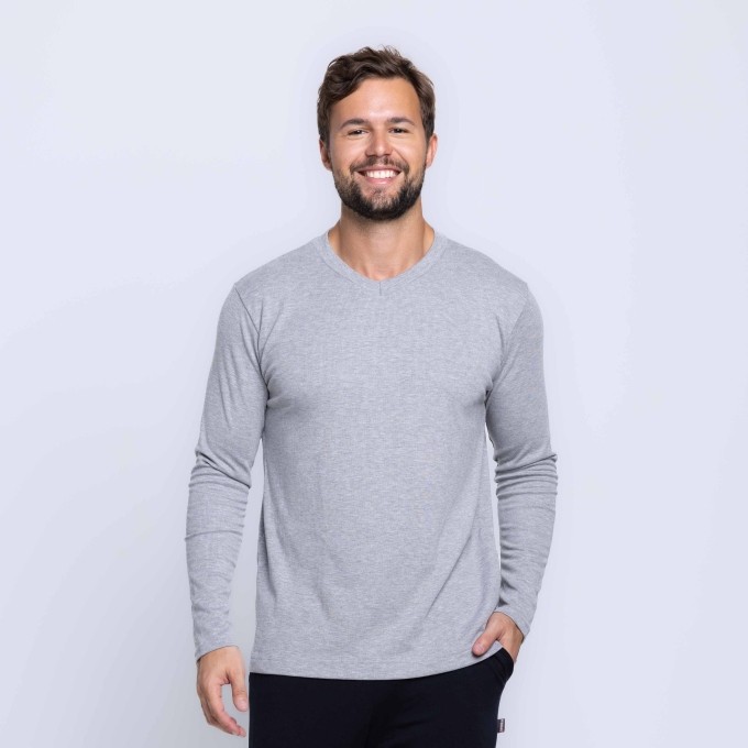 Camisa Manga Longa Gola V Ribana Canelada Masculina