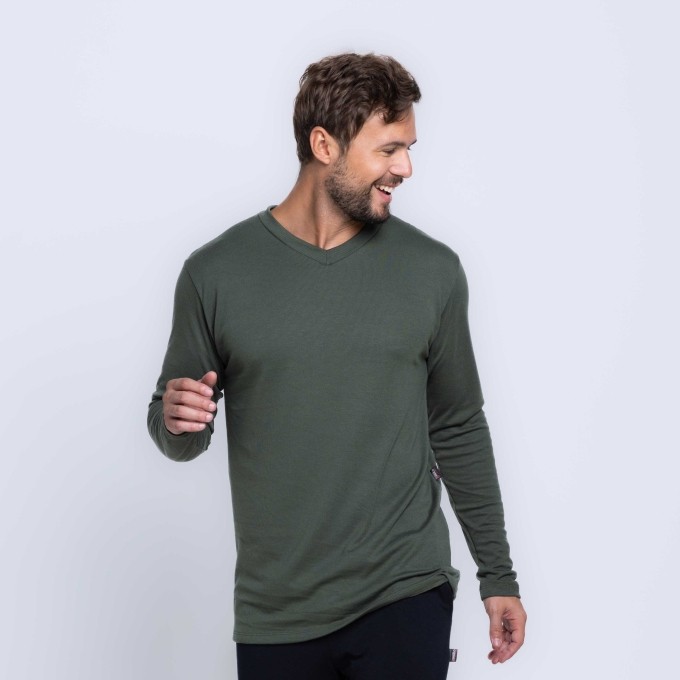 Camisa Manga Longa Gola V Ribana Canelada Masculina