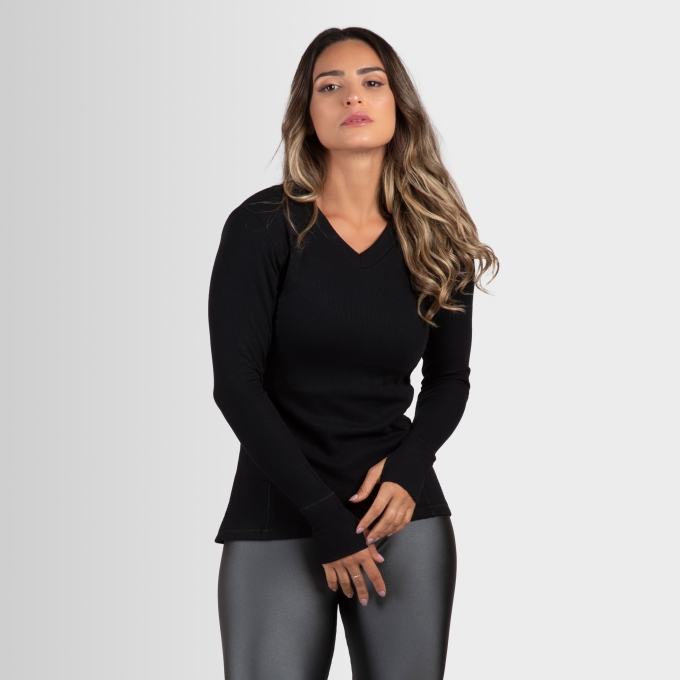 Blusa Malha Ribana Canelada Dedinho Vazado